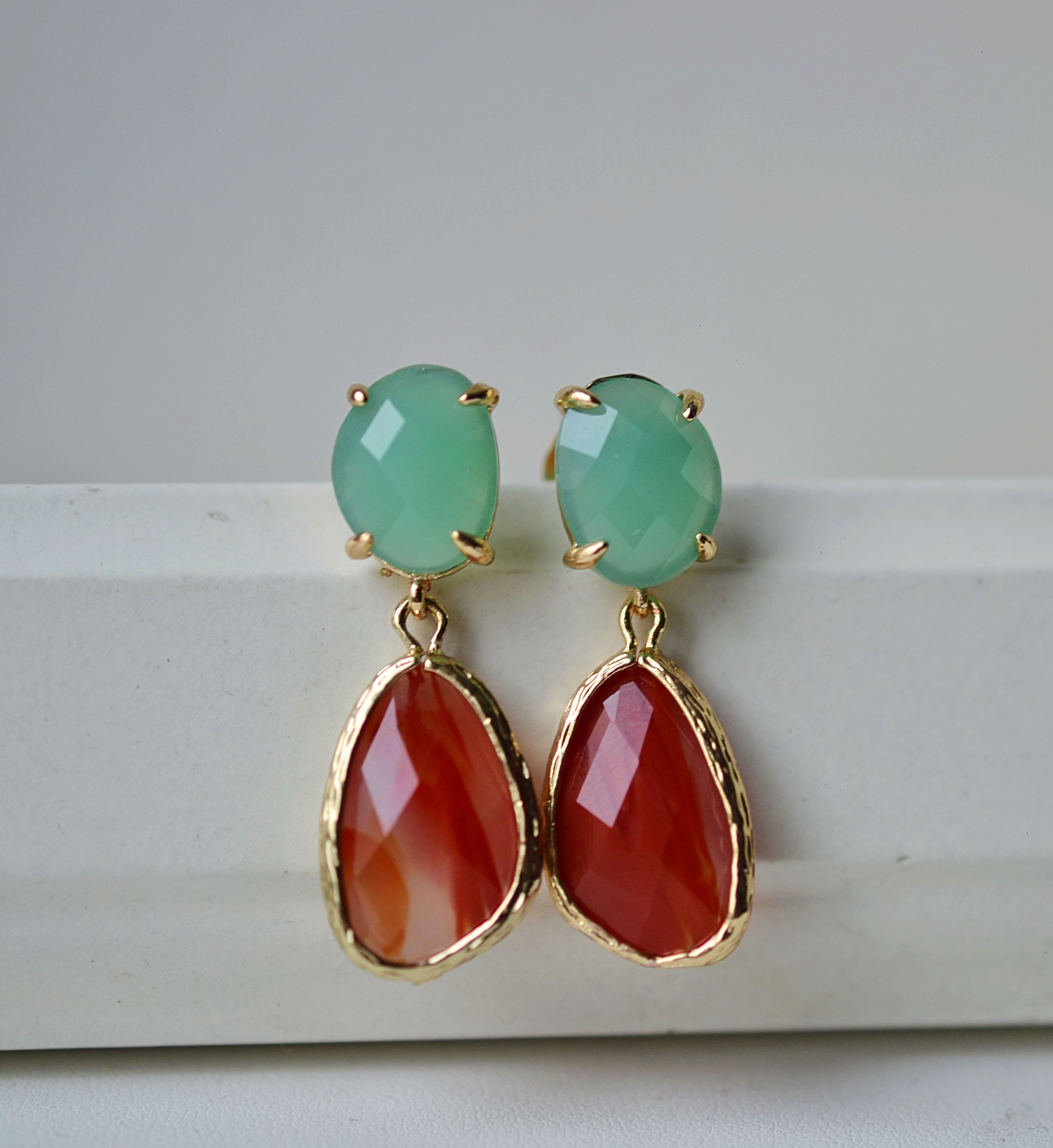 Handmade Green & orange zirconia gold plated earrings