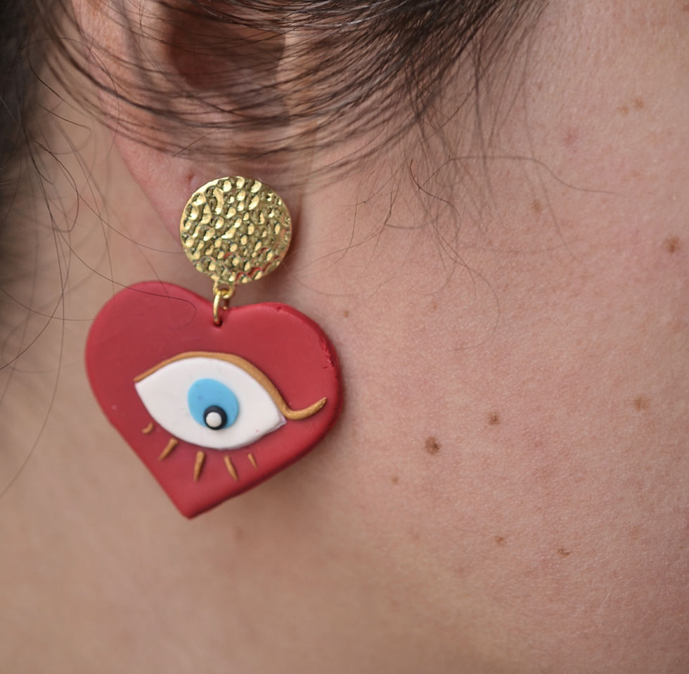 heart earrings, eyes polymer clay earrings, unique earrings