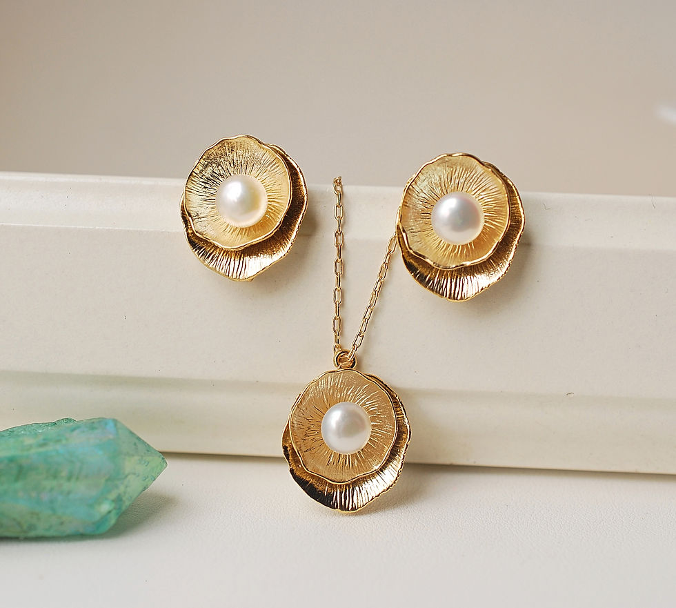 縮圖：Lotus leaf necklace, 18k Gold plated lotus flower pearl necklace earrings set
