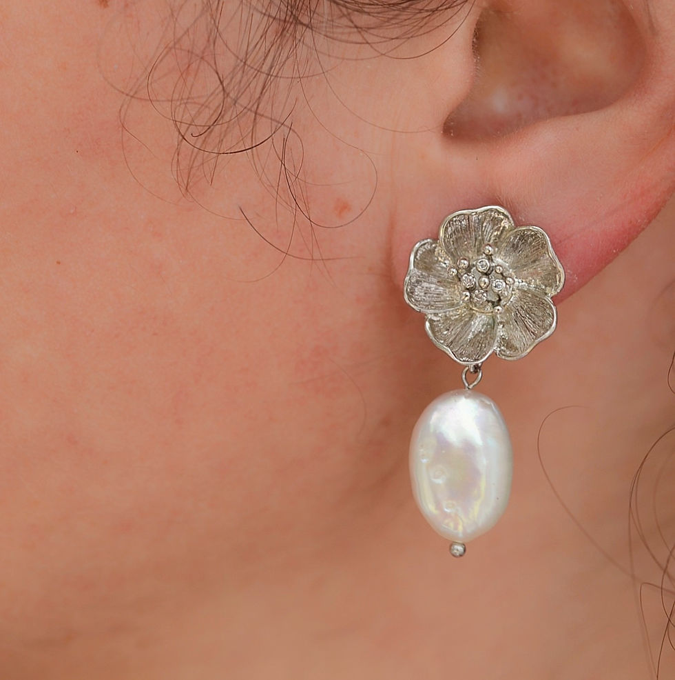 Thumbnail: Baroque oval pearl white Gold flower studs, zirconia handmade women earrings