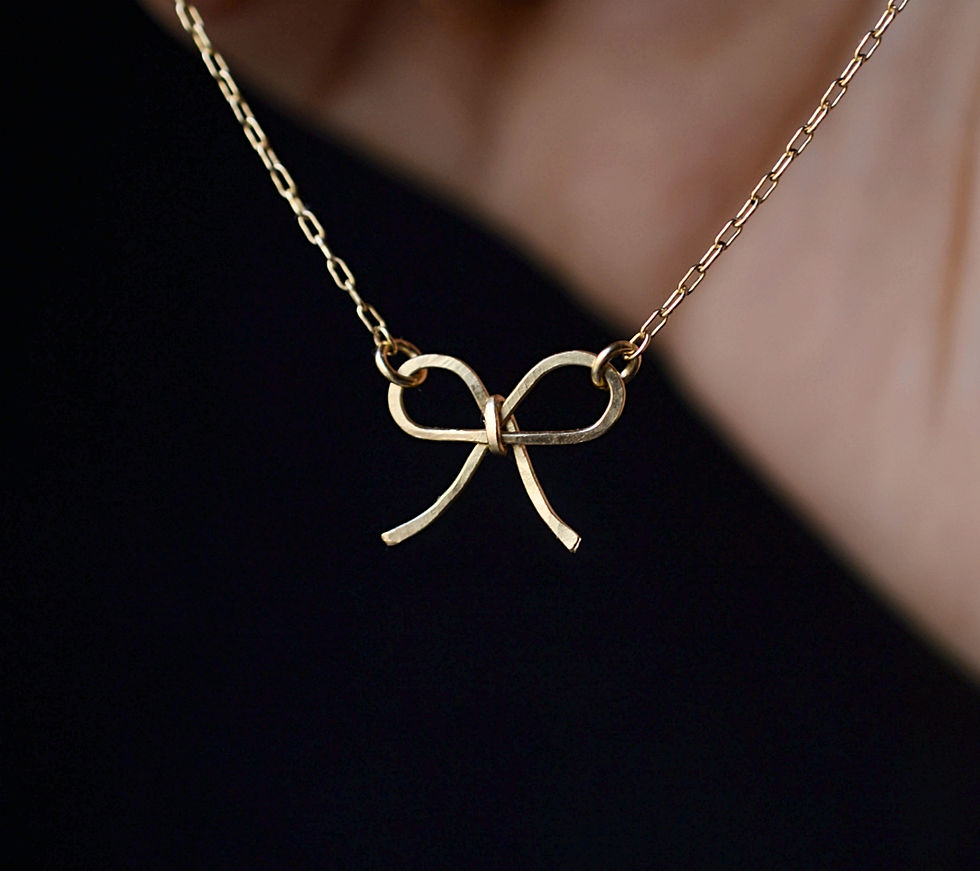 Thumbnail: Bow knot necklace, Gold filled 14k hammered ribbon knot necklace, dainty bowknot