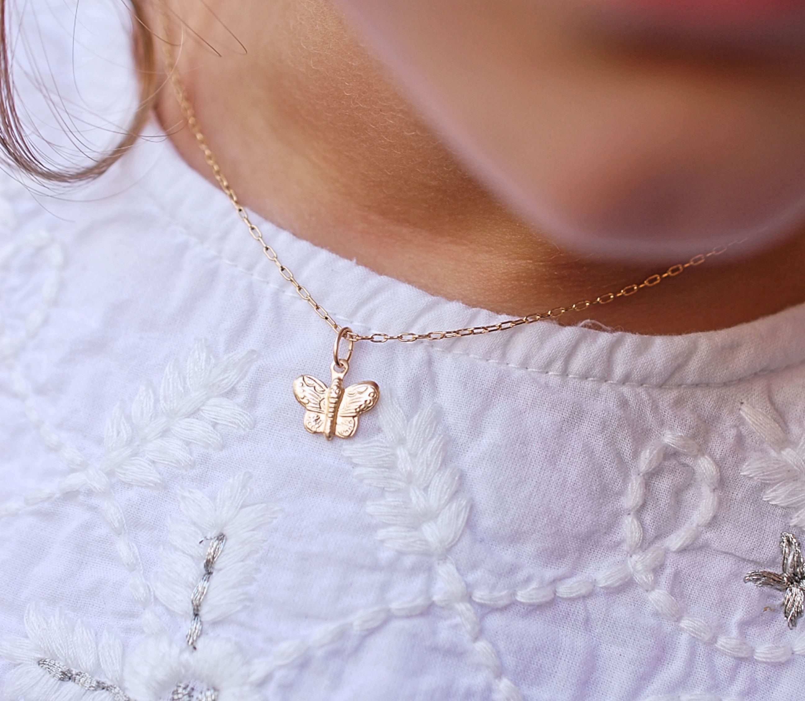 Newborn necklace, Child butterfly necklace, minimal dainty pendant 14k gold