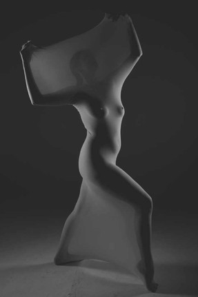 Monochrome of Misuzu standing in the cocoon body stocking