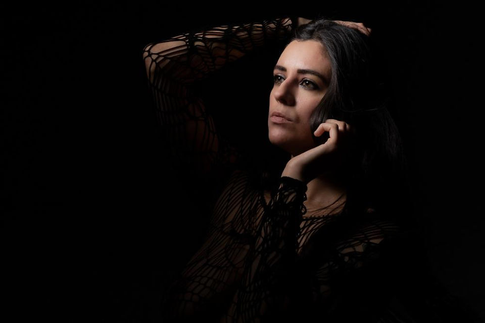 Beauty dish portrait of Misuzu in a black netted sheer dress