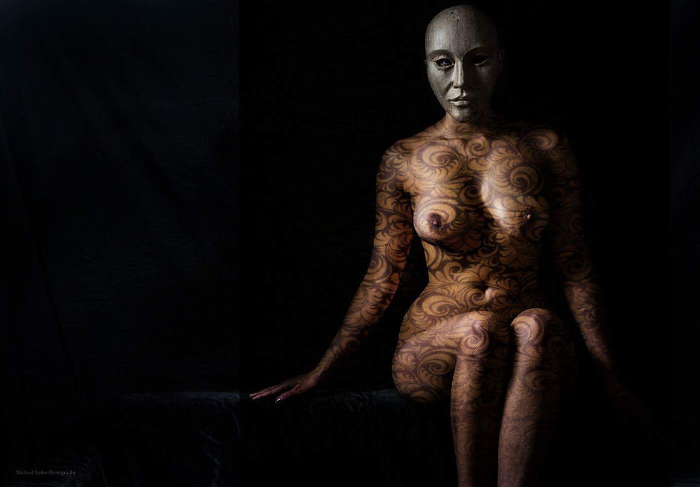 Nude of Misuzu with a swirled pattern on her body and wearing a mask.
