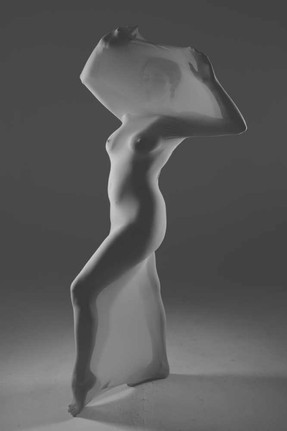 Monochrome of Misuzu standing in the cocoon body stocking