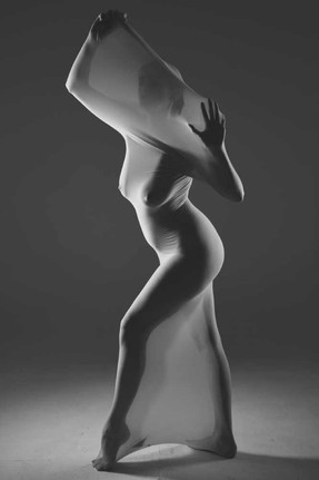 Monochrome of Misuzu standing in the cocoon body stocking