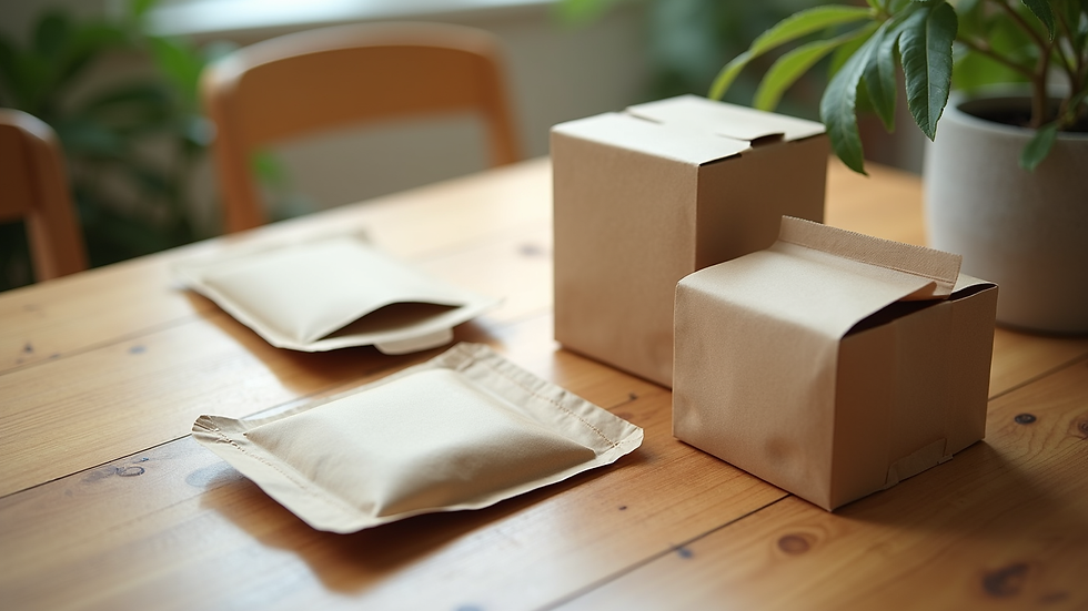 High angle view of eco-friendly flexible packaging samples on a wooden table
