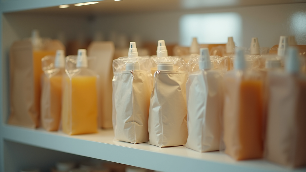 Eye-level view of flexible packaging pouches with resealable zippers on display