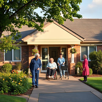 A picture of a nursing home with patients outside it.jpg