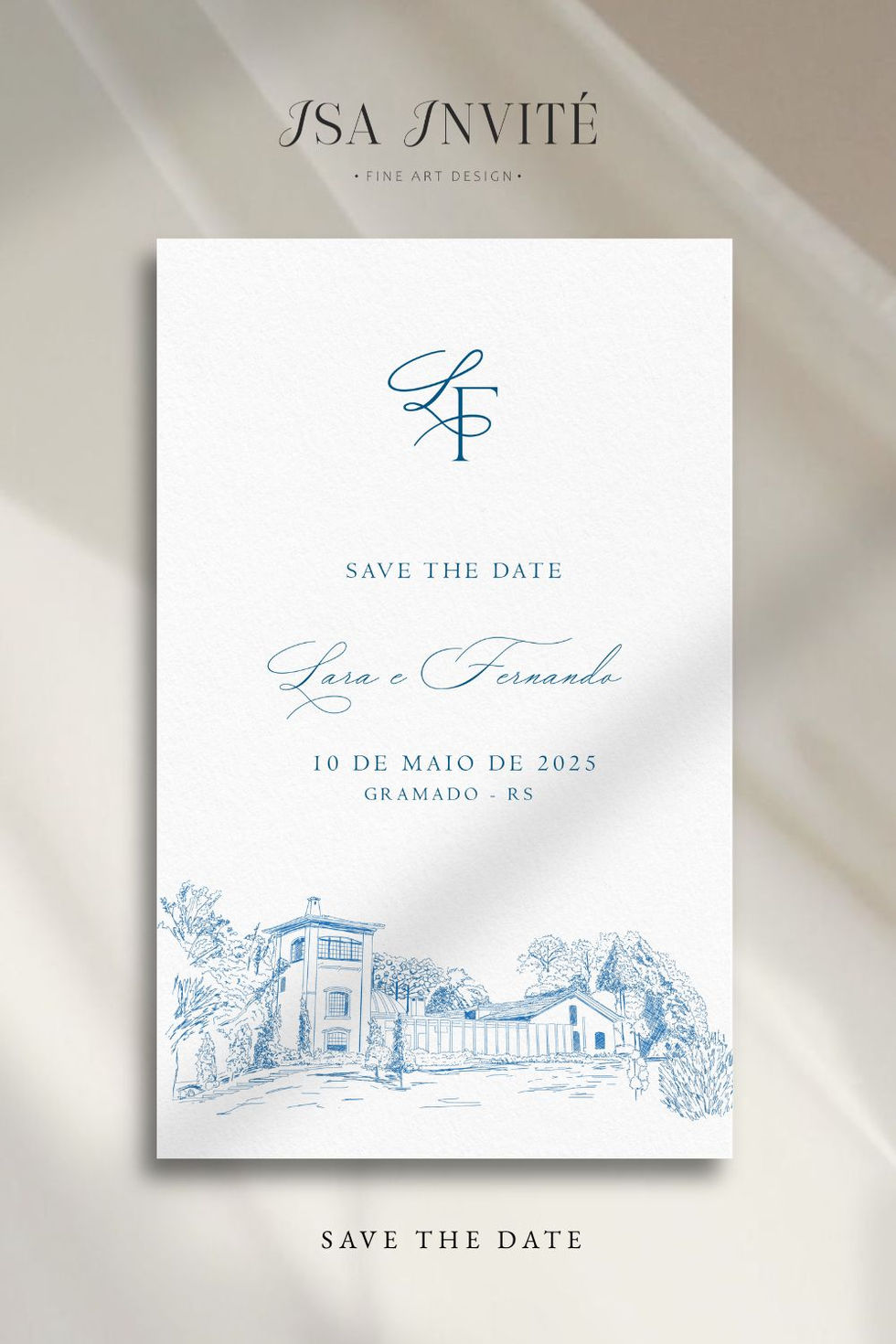 Save the date de casamento em tom azul, com ilustração e monograma personalizado