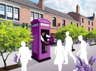 Illustration a purple phonebox with a waiter inside serving out glasses of Campo Viejo wine