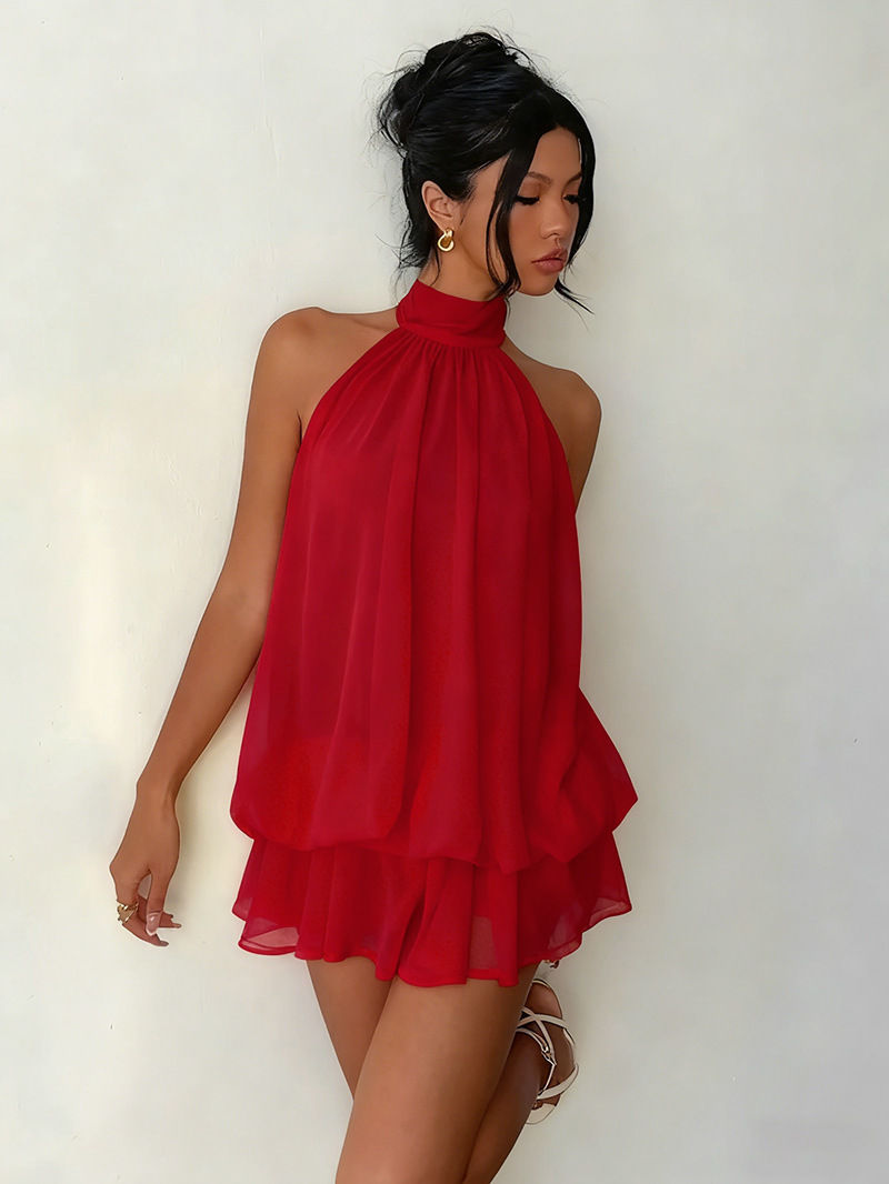 Thumbnail: Women's Halter Neck Dress, Backless Tie-Front Chiffon Sheer Mini Skirt, Fashiona