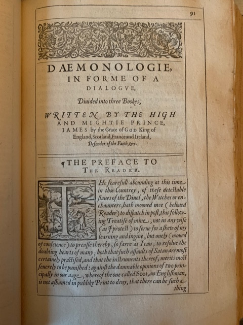 One page of a book published in 1599 with decorative lettering and a vegetal design adorning the top of the page.