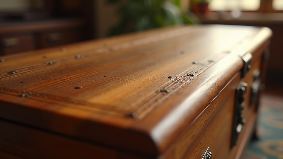 Close-up view of a beautifully crafted wooden casket with intricate details