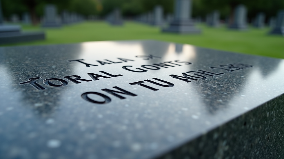 Close-up view of polished granite headstone with engraved text
