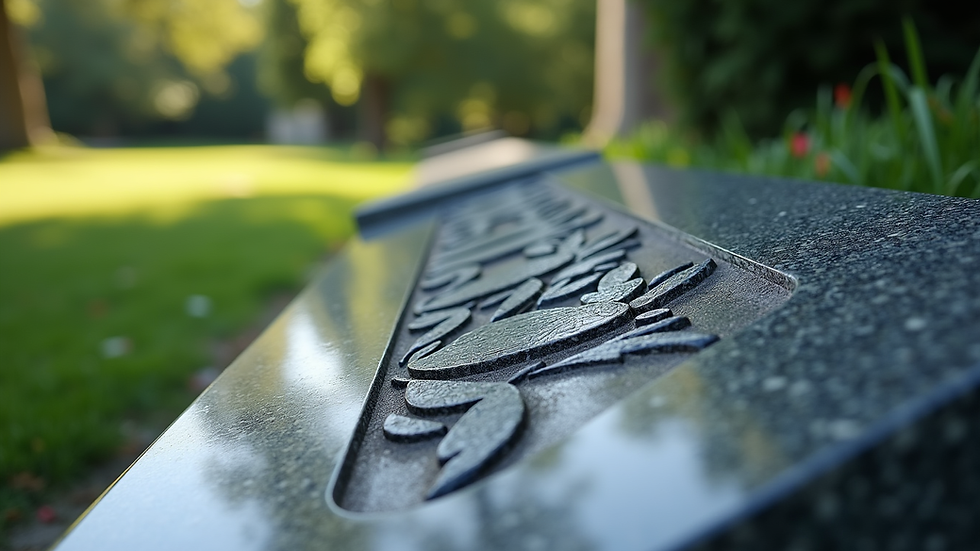 Eye-level view of a granite headstone with engraved floral design