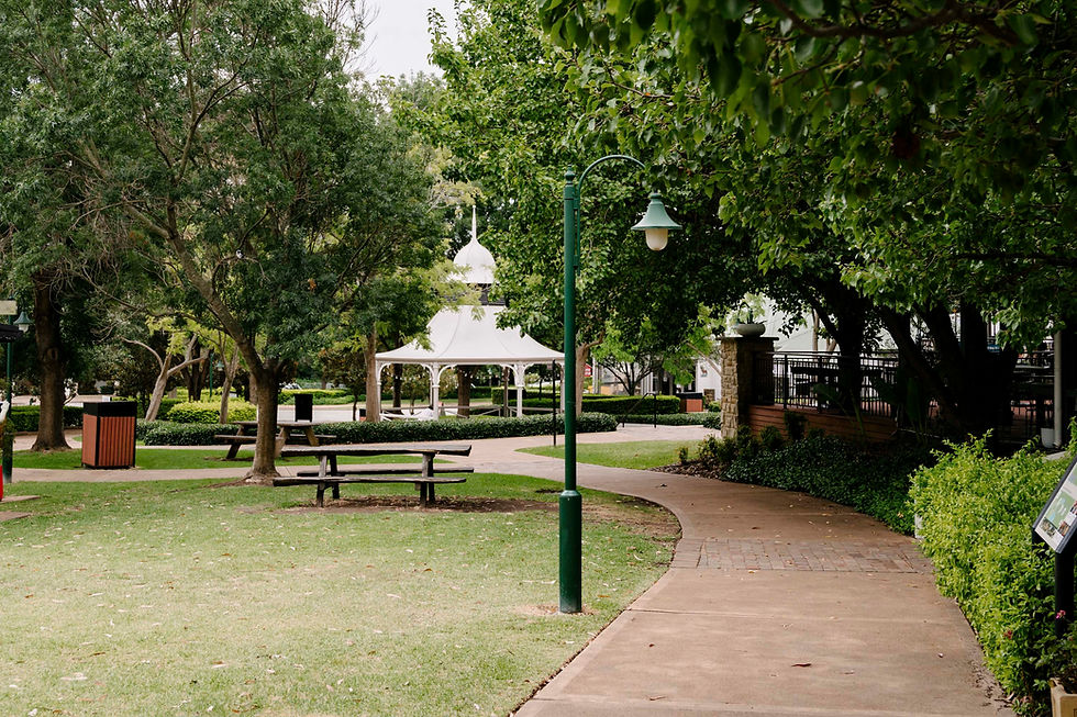 Park with green trees, a winding path, picnic tables, a gazebo in the distance, and a streetlamp. Calm and serene atmosphere.