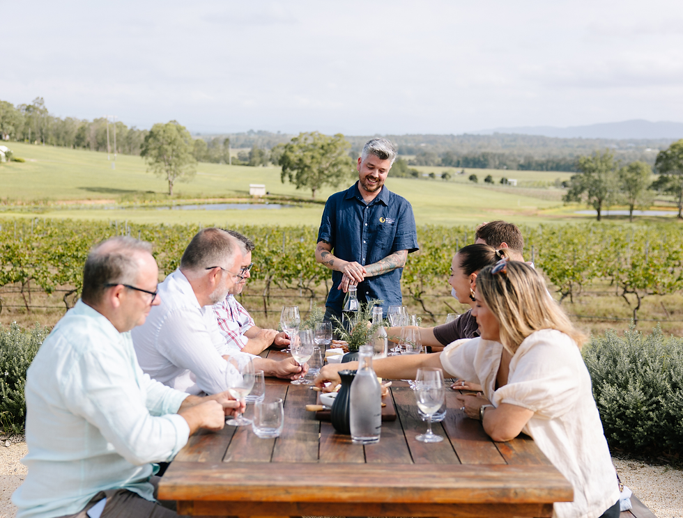 Smiling host pours wine for guests at a long outdoor table in a vineyard, with rolling green hills and cloudy sky behind.