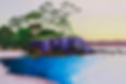 Painting of a serene landscape with green trees atop purple rocks by a blue water body, under a pale sky, creating a calm mood.