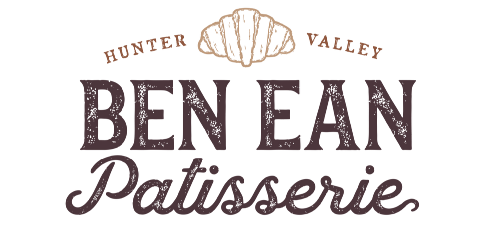 Hunter Valley Ben Ean Patisserie logo with croissant icon, tan and plum text on a black background