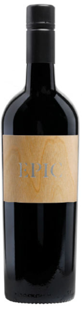 A dark wine bottle with a beige label displaying the word EPIC. The bottle has a black cap against a white background.