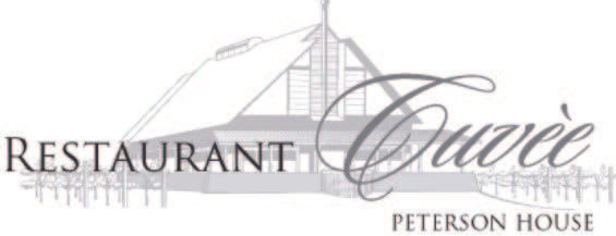 Logo with "Restaurant Cuveè" and "Peterson House" text, featuring an architectural illustration in the background. Elegant design.