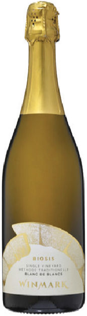A bottle of sparkling wine with a gold foil top, featuring a “BIOSIS” label and the brand “WINMARK” in gold.