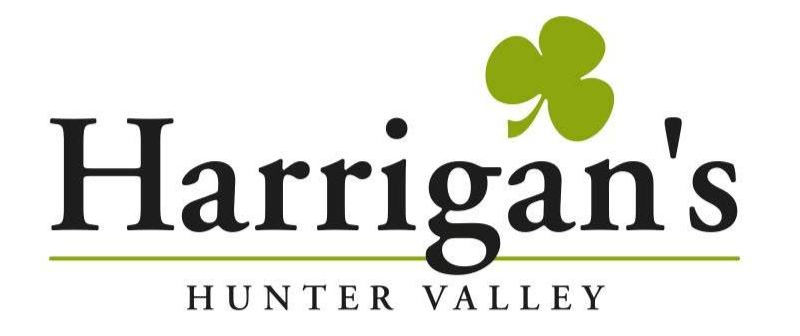 Text logo reading "Harrigan's Hunter Valley" with a green shamrock above. Black and green text on a white background.