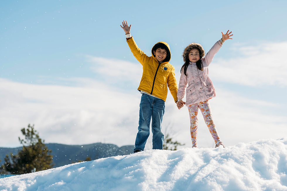 Two smiling children in winter jackets hold hands and raise their arms on a snowy hill under a blue sky.