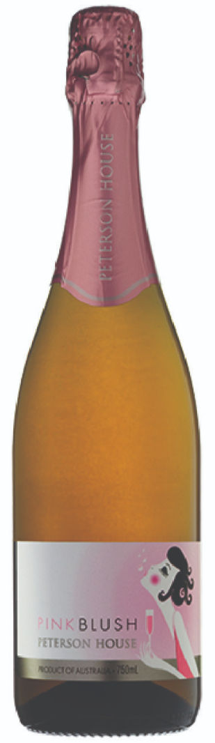 Pink Blush Peterson House sparkling wine bottle with rose-gold foil and illustrated label on white background.