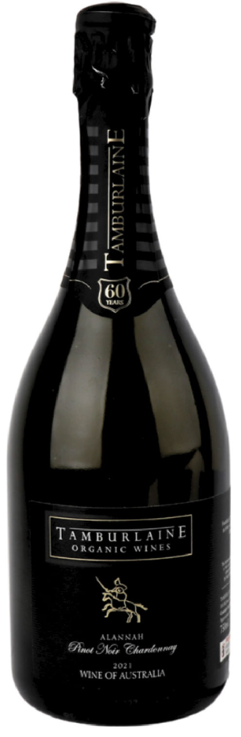 A black Tamburlaine wine bottle labeled "Organic Wines," featuring "Alannah Pinot Noir Chardonnay 2021" and "Wine of Australia" with a logo.
