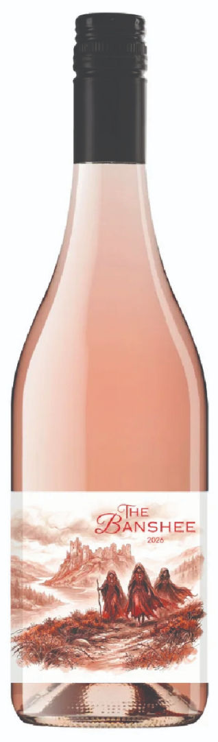 Bottle of rosé wine with black cap and label reading The Banshee 2026, showing three hooded figures in a fantasy landscape.