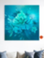 Large teal floral acrylic painting by Ulrika Kristina Art displayed in a modern interior