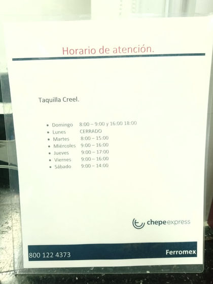 Horarios Taquilla Tren Chepe en Creel.