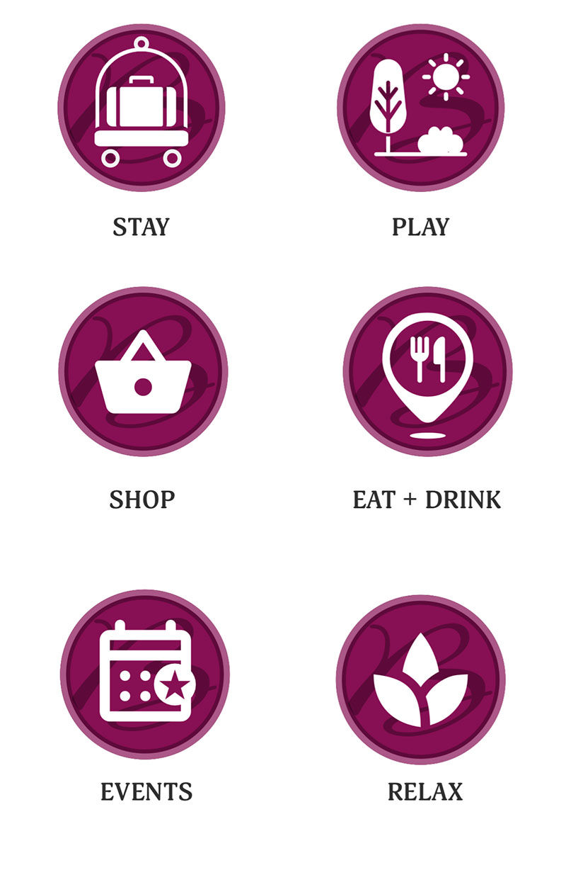 A screenshot of the new graphic links including stay, play, shop, eat + drink, events and relax