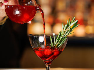 A very pretty holiday cocktail being poured with cranberries and a rosemary sprig already in the martini glass..