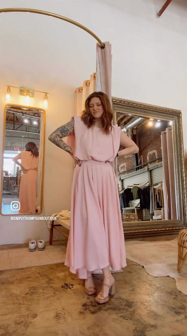 Simply Thompson's Spring 2026 lineup, long flowy pink dress on second model