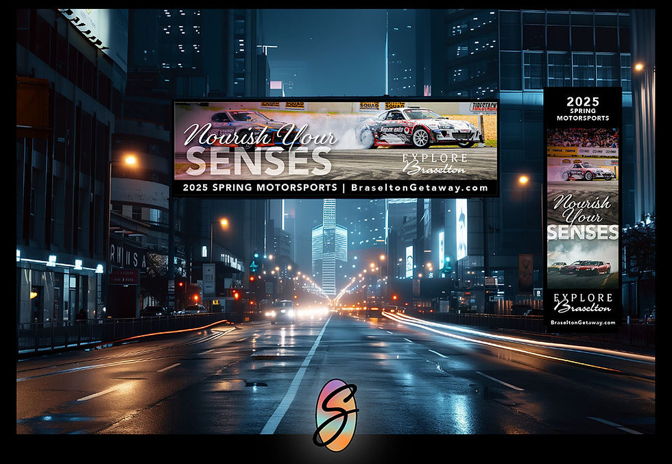 An illustrated mockup of a billboard sign for Braselton's Spring Motorsports Campaign