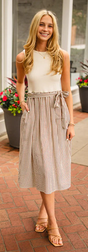 Image Boutique's Spring 2026 line up, the taupe combo stripe midi dress