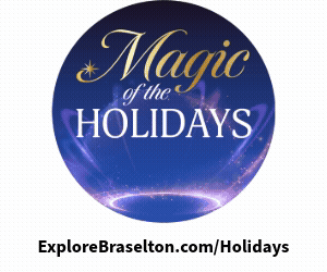 An animated gif promoting Braselton's annual holiday parade and festival with the logo in an oval center, Santa and sleigh silhoutte animating in, moving and out and main holiday page url
