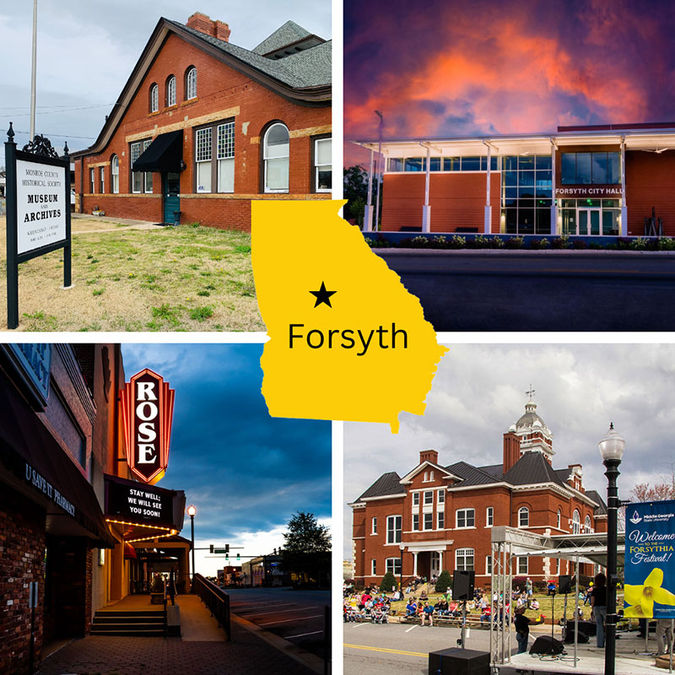 A four section grid of attractions in the City of Forsyth