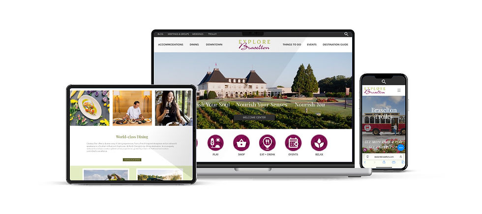 A mockup of ExploreBraselton.com on desktop, tablet and mobile