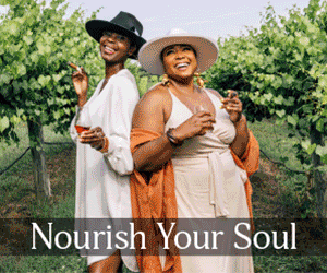 Nourish your senses digital ad with 3 screens beginning with 2 ladies in the vineyard, then a beautiful plate of food and finally a beautiful woman enjoying a cocktail.