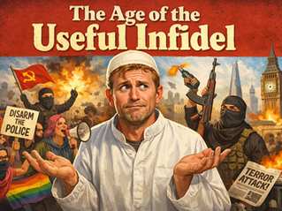 White English man with Islamic dress looking confused at the chaos. 