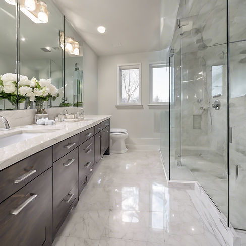 luxurious clean bathroom with four-sided glass shower enclosure and white quartz counterto