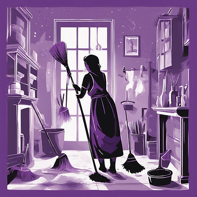 purple, white, black, grays, magical house cleaning, mops and brooms cleaning by themselve