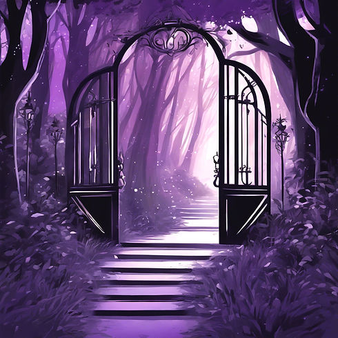 entrance to home, forested, magical, glowing, luxurious, happy atmosphere, purple, black,