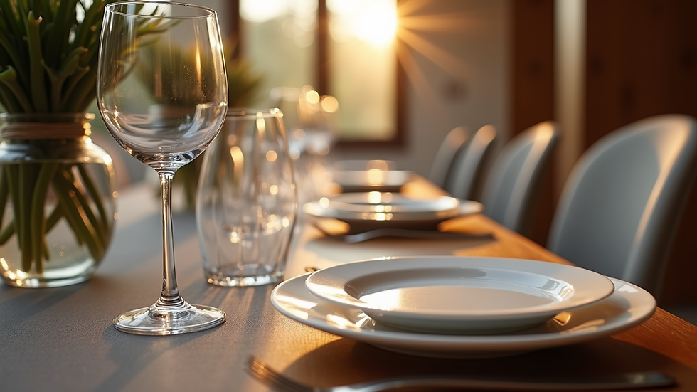 Eye-level view of a beautifully set dining table with elegant place settings