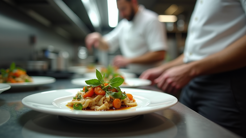 Close-up view of a chef plating a gourmet dish in a modern kitchen